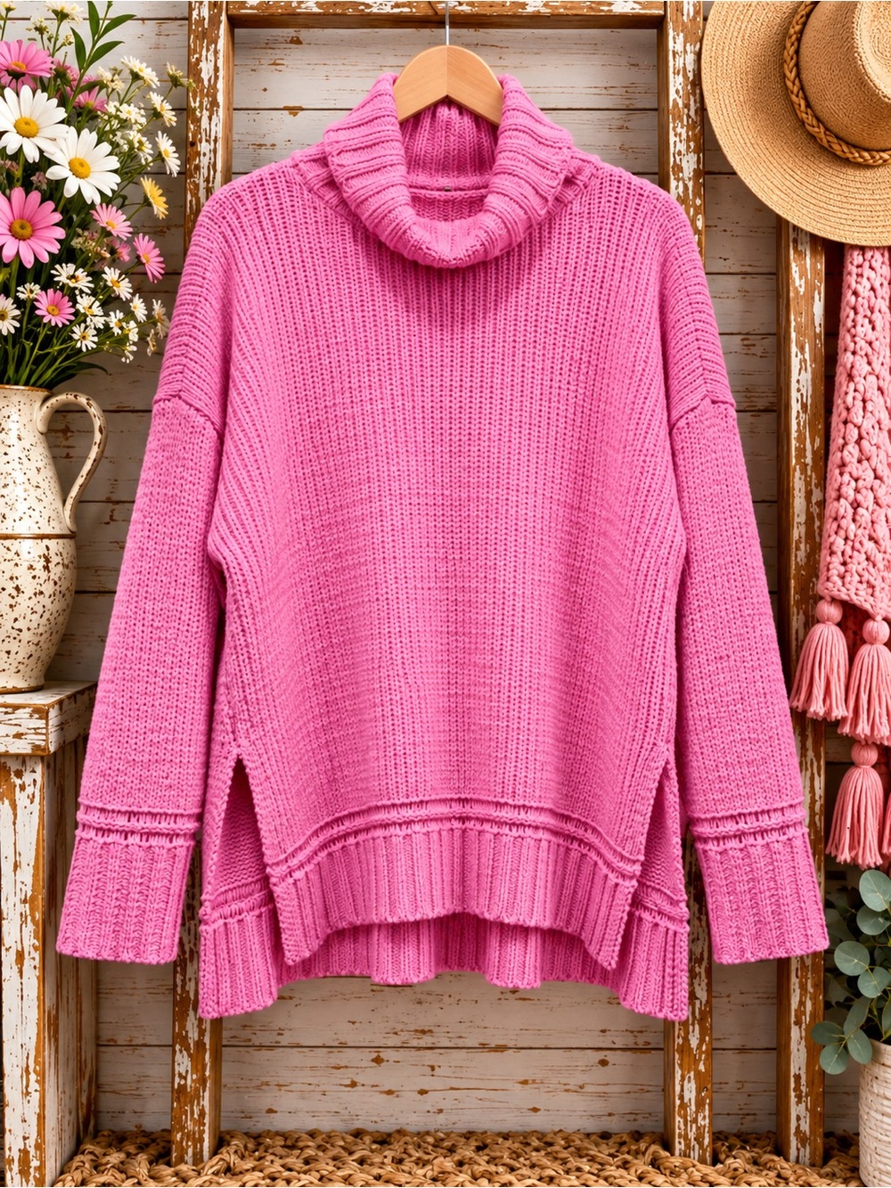 aerie Hot Pink Cowl Neck Chunky Sweater